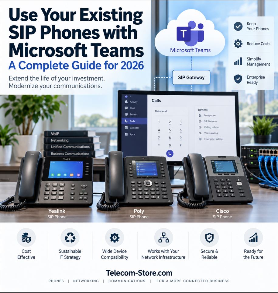 Existing SIP phones connected through a business network for Microsoft Teams SIP Gateway migration.