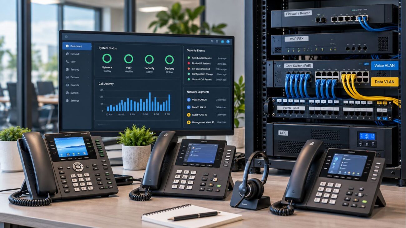 Business VoIP security network with IP phones, managed PoE switch, firewall, PBX and network monitoring.