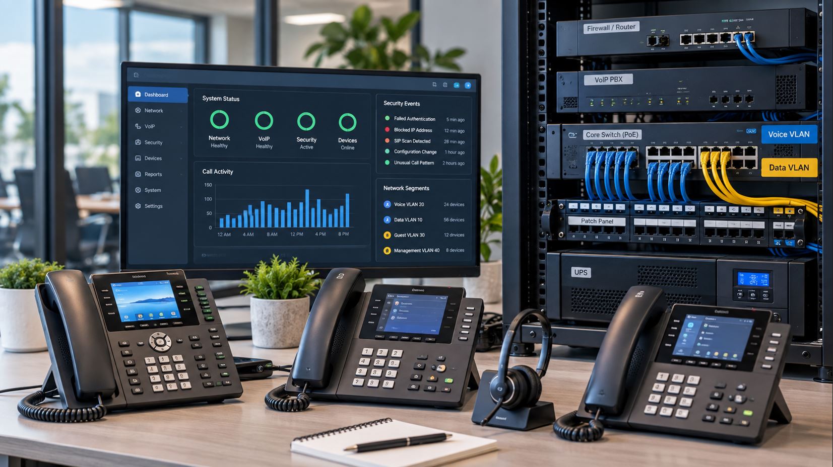 Business VoIP security network with IP phones, managed PoE switch, firewall, PBX and network monitoring.