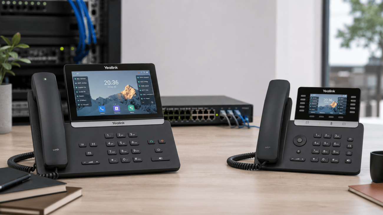 Yealink T85W vs T74U business IP phones compared on an office desk with PoE networking equipment.