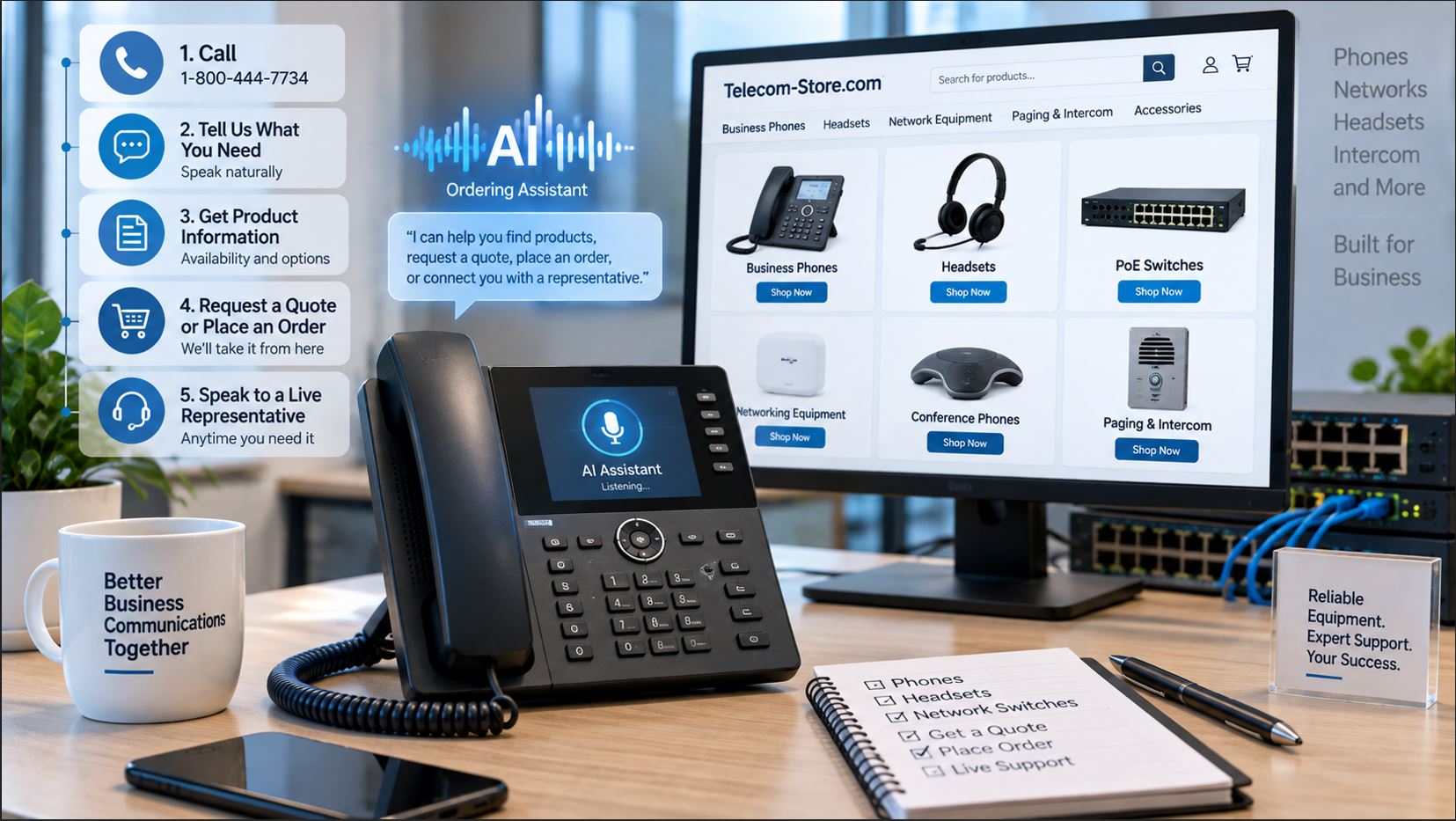 AI telephone ordering assistant for business phones and networking equipment at Telecom-Store.com