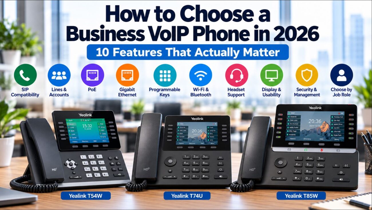 Business VoIP phones illustrating SIP compatibility, PoE, Gigabit Ethernet, programmable keys, Wi-Fi, Bluetooth, headsets and security.