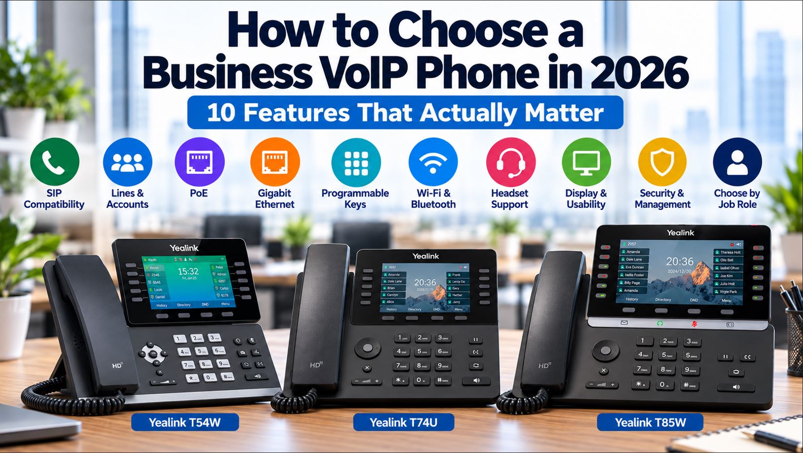 Business VoIP phones illustrating SIP compatibility, PoE, Gigabit Ethernet, programmable keys, Wi-Fi, Bluetooth, headsets and security.