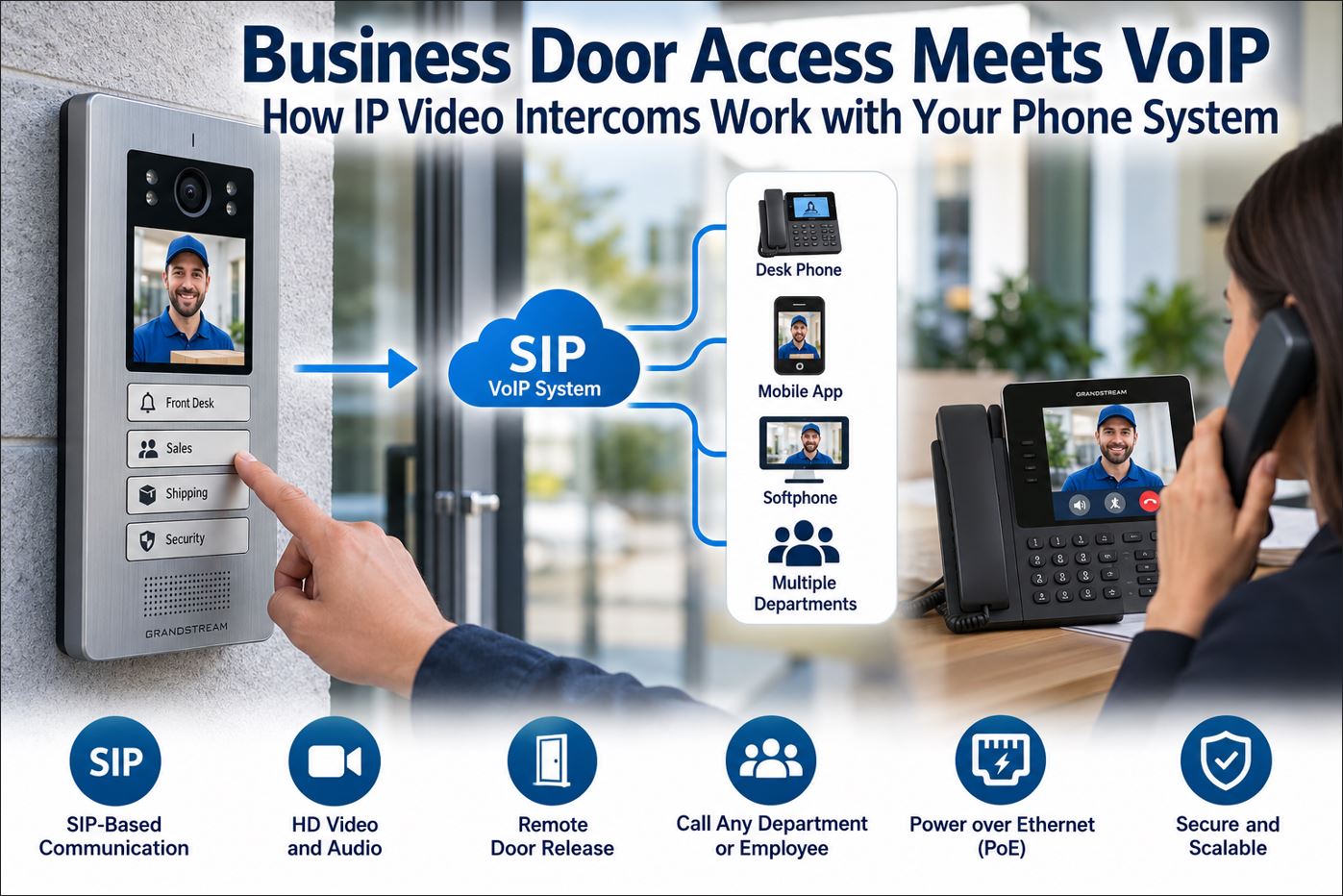 Business IP video intercom connected to a SIP VoIP phone system for visitor calling and remote door access.