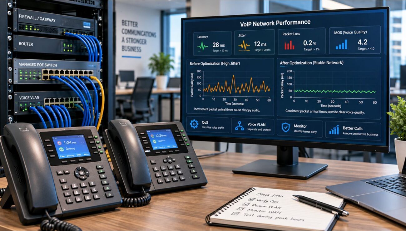 VoIP jitter troubleshooting dashboard with IP phones, managed network switches and packet timing analysis.