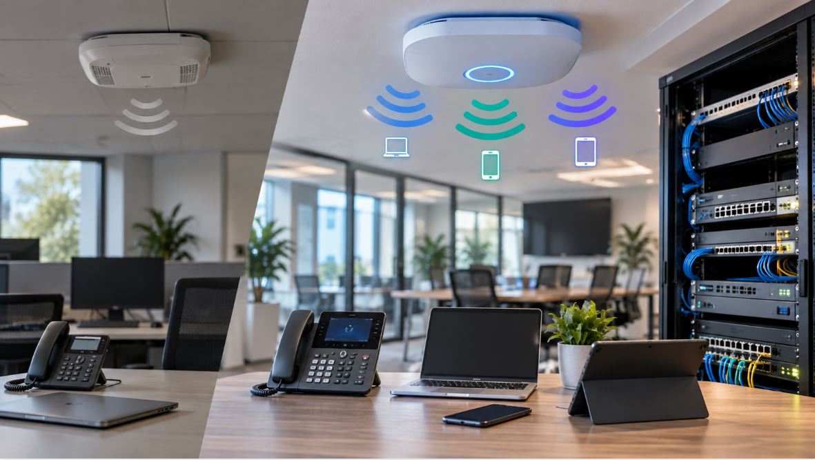 Wi-Fi 7 business network upgrade with wireless access points, IP phones, laptops and enterprise network switches.