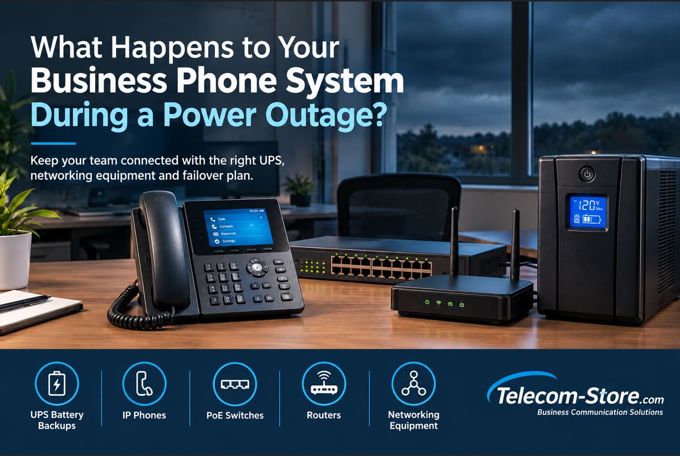 Business IP phone, PoE network switch, router, and UPS battery backup protecting office communications during a power outage.