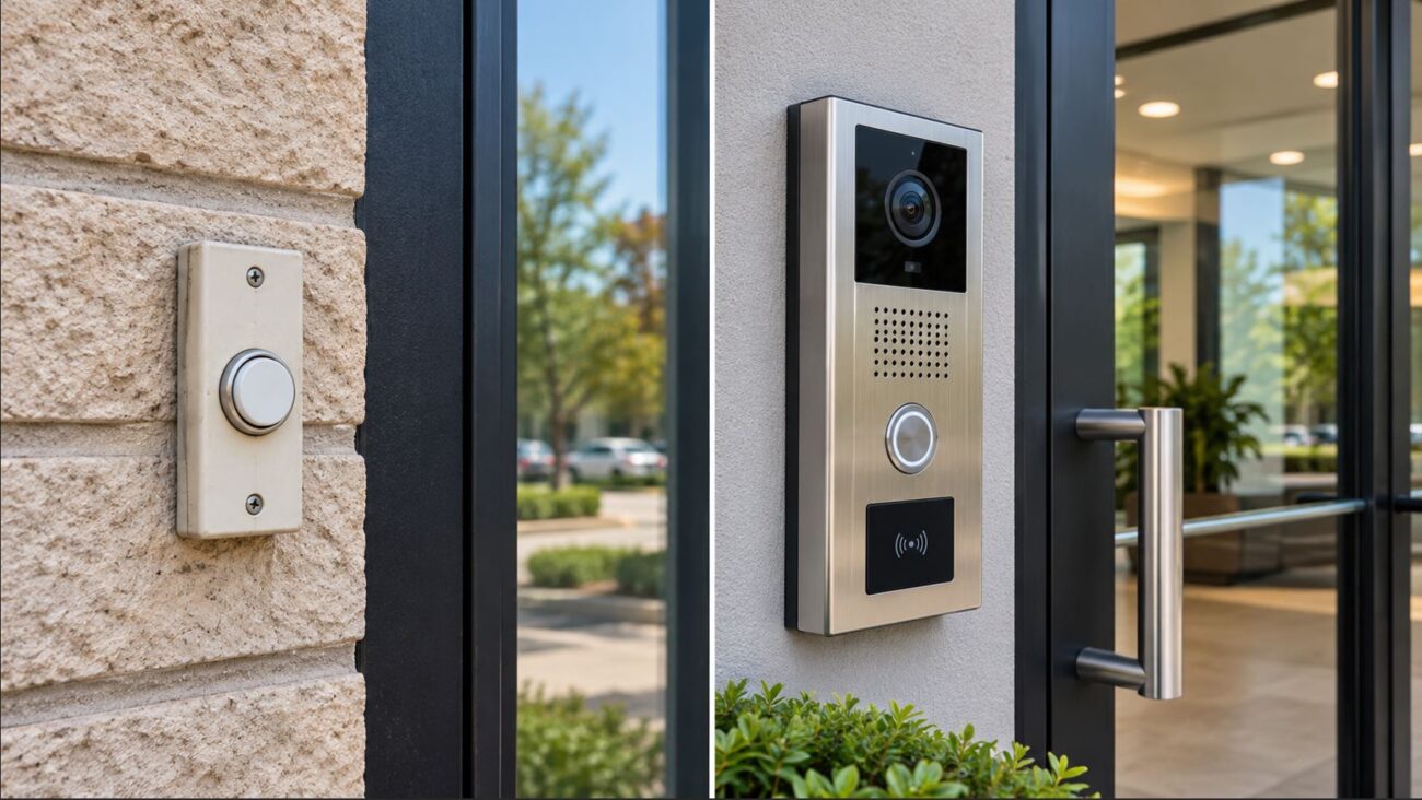 Traditional push-button doorbell compared with a commercial video intercom featuring a camera, speaker, and access reader at a business entrance.