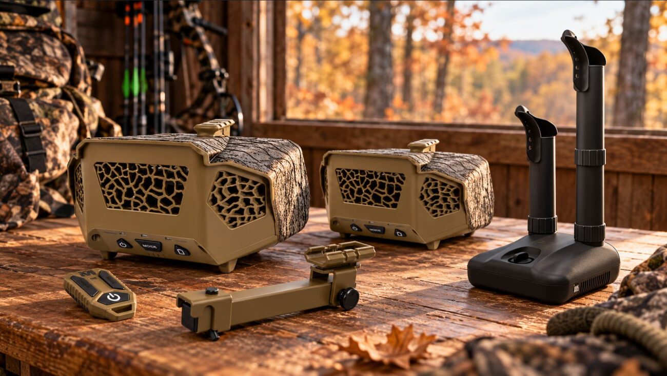 Muddy Cloak OZ5 ozone generator with remote, Cloak OZ3 ozone generator, and HME Scent Slammer boot and glove dryer displayed in a rustic hunting cabin.