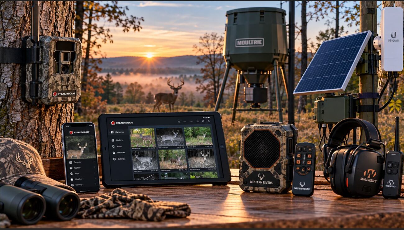Hunting electronics for managing a hunting property, including a trail camera, game feeder, solar power and outdoor communication equipment