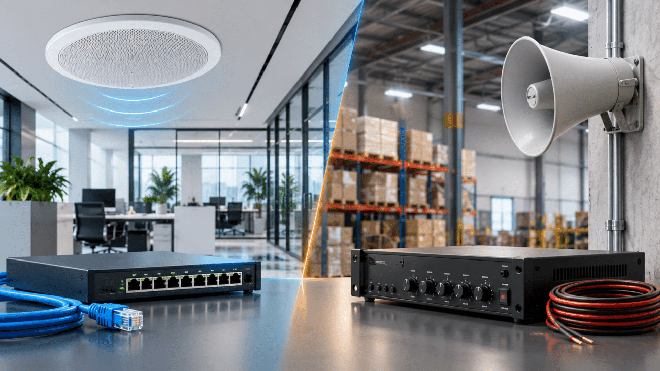 Traditional PA system compared with modern IP paging speakers and Ethernet networking equipment in a business facility.