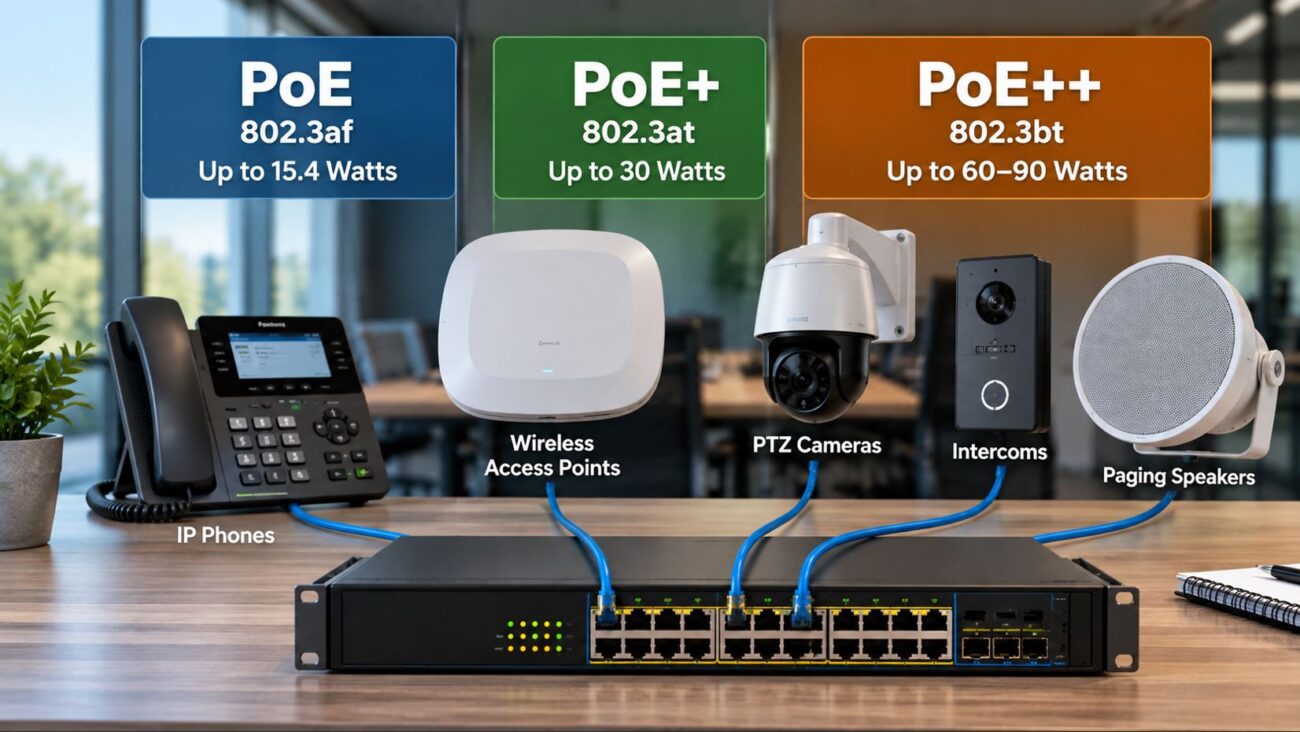 PoE vs. PoE+ vs. PoE++ comparison showing IP phones, wireless access points, cameras and networking equipment.