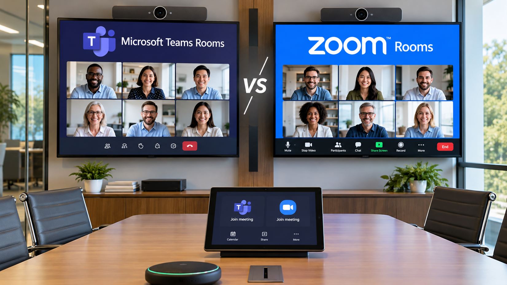 Microsoft Teams Rooms and Zoom Rooms conference room comparison featuring video displays, cameras, a meeting controller, and collaboration equipment.