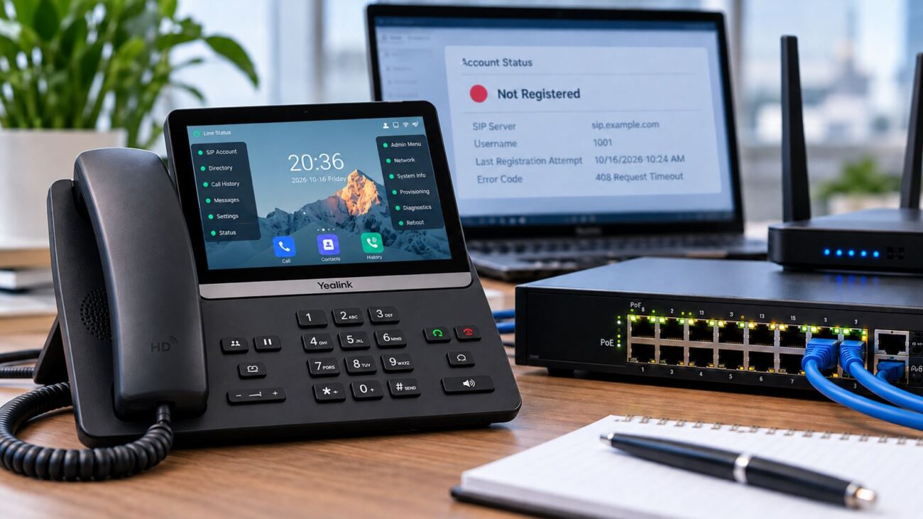 Business VoIP phone showing Not Registered beside a PoE switch, router, and SIP registration diagnostic screen.