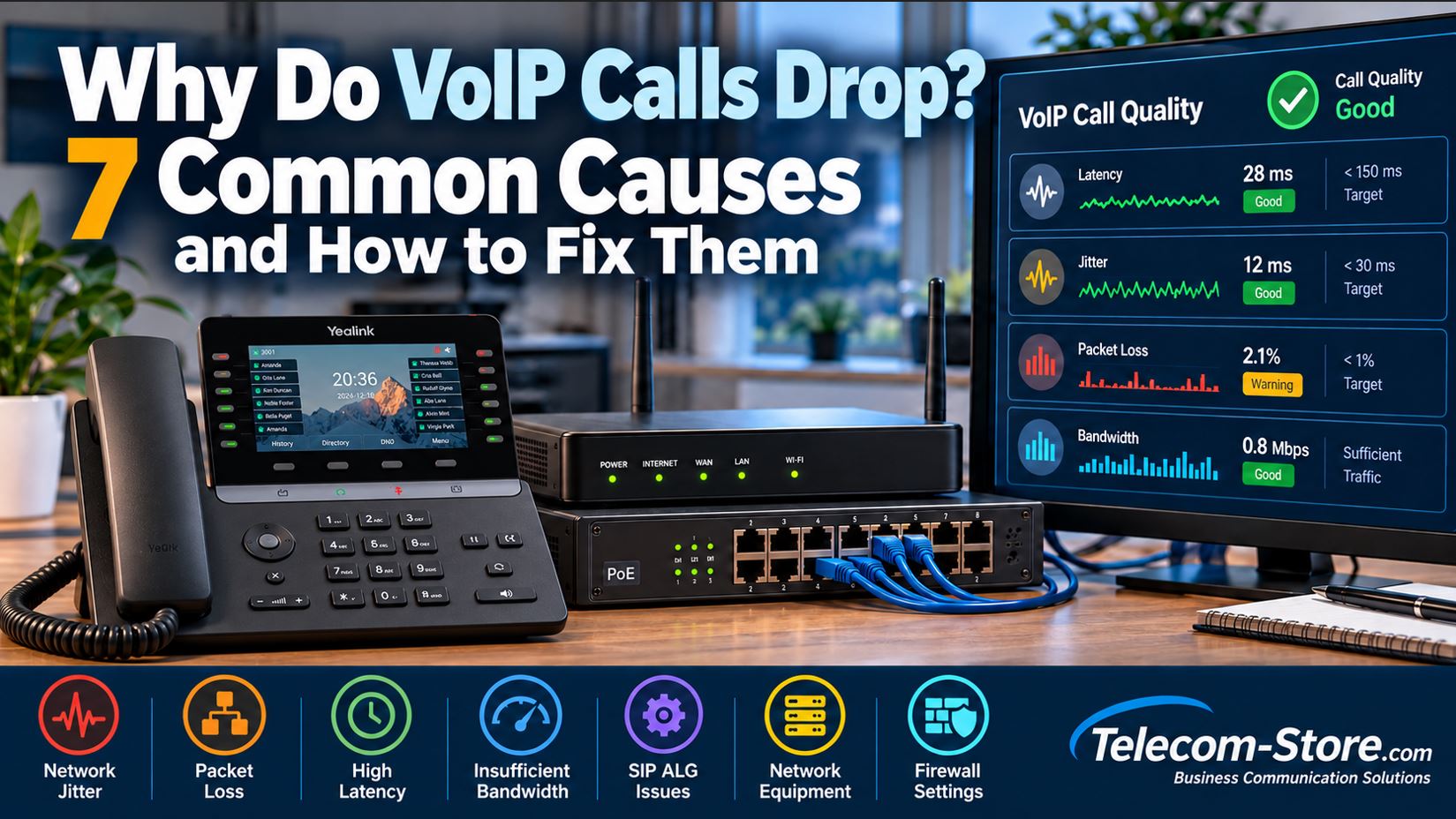 Business IP phone, PoE switch, and router beside a VoIP troubleshooting dashboard showing jitter, latency, packet loss, and bandwidth.